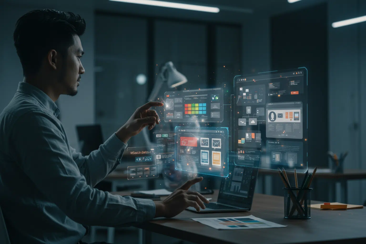 A designer from a top web design company working with an advanced AI on a futuristic computer interface to create an innovative website.