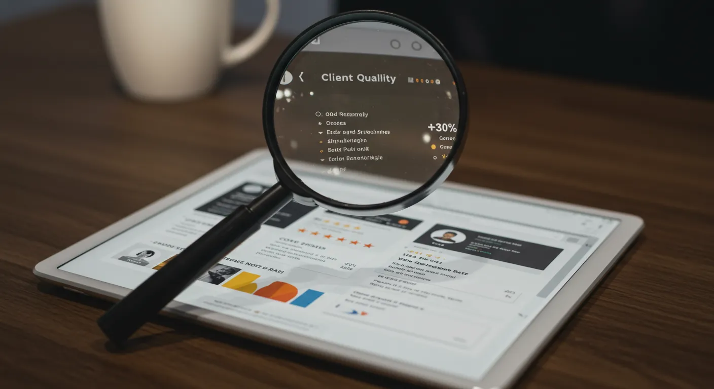 A magnifying glass inspecting the portfolio of the freelancer, focusing on testimonials, case studies, and proven results.