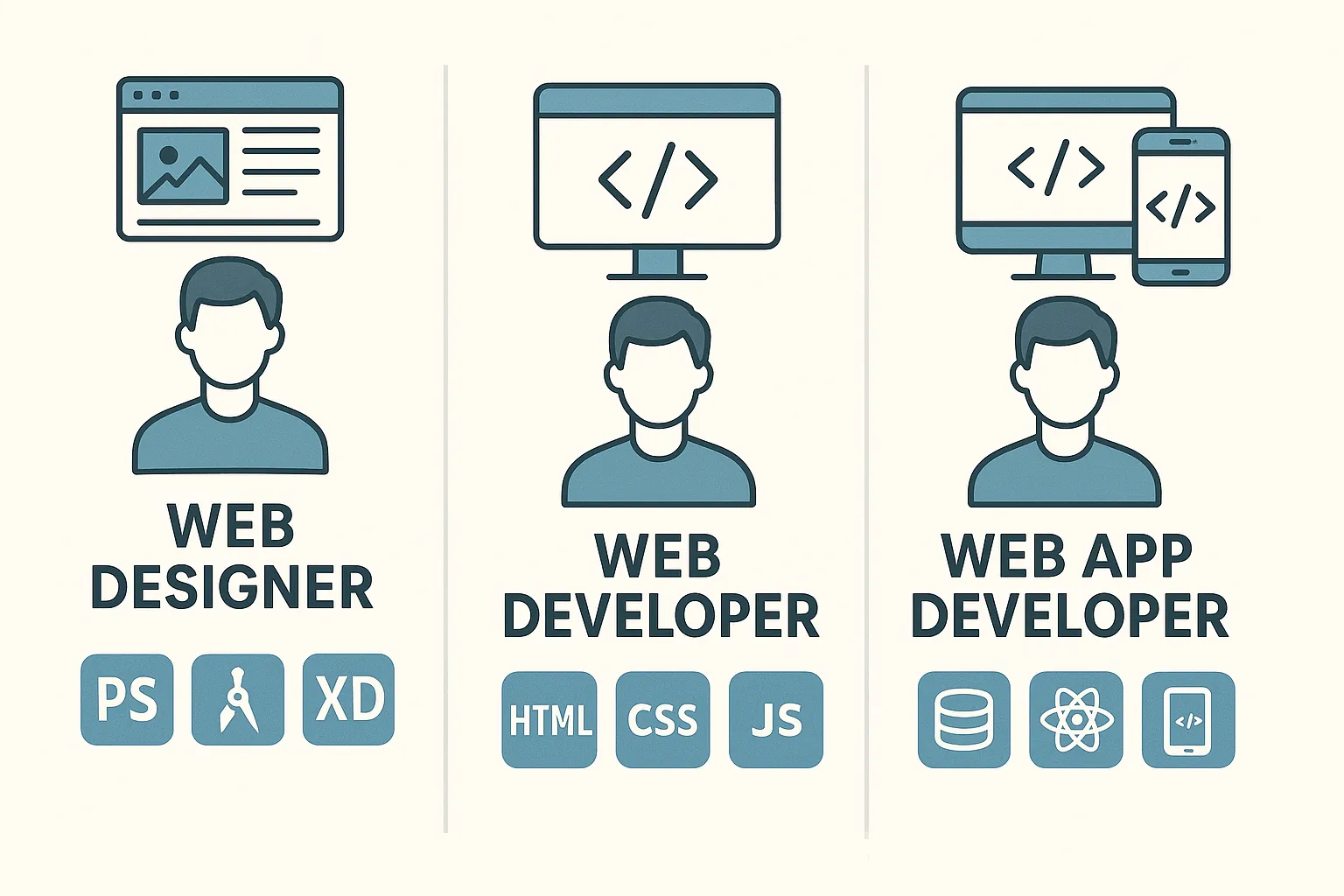 An infographic explaining the different roles in web development to help businesses choose the right professional, such as a freelance web designer.
