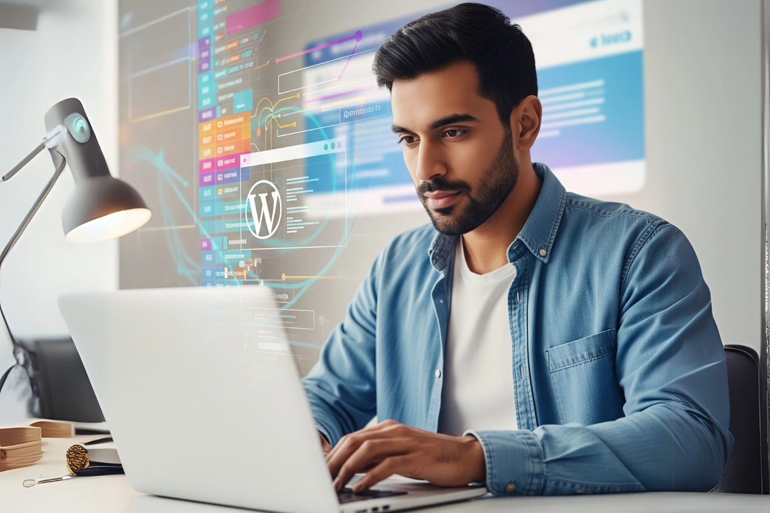 A focused South Asian man with a beard works on a laptop, with abstract digital overlays showing website code, a user interface, and the WordPress logo, symbolizing the planning and technical skills involved in web development services.