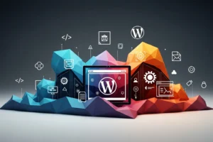 A modern, abstract landscape showing colorful, interconnected geometric blocks and digital icons that represent the building blocks of a WordPress website.