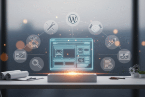 Image illustrating how to build a website, the next step after learning 'What is WordPress', featuring a digital blueprint and icons representing DIY and professional options.