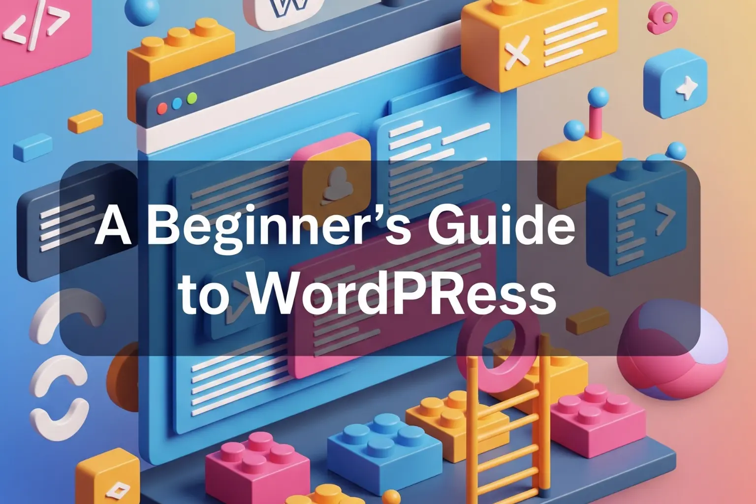 Beginner's guide image explaining 'What is wordpress', featuring glowing icons representing different aspects of a website on a lush green background.