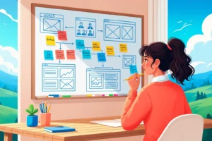 An illustration of a person planning a website project at a desk with notes for goals and audience, which is the essential first step before looking for a WordPress web design partner.