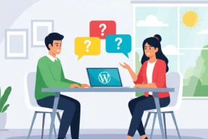  An illustration of a client in a meeting, asking important questions to a potential WordPress web design partner to ensure they are the right choice for their project.