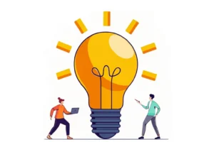 An illustration depicting two individuals standing on either side of a large, illuminated lightbulb, symbolizing the moment of making a well-informed final decision about a WordPress web design partner.