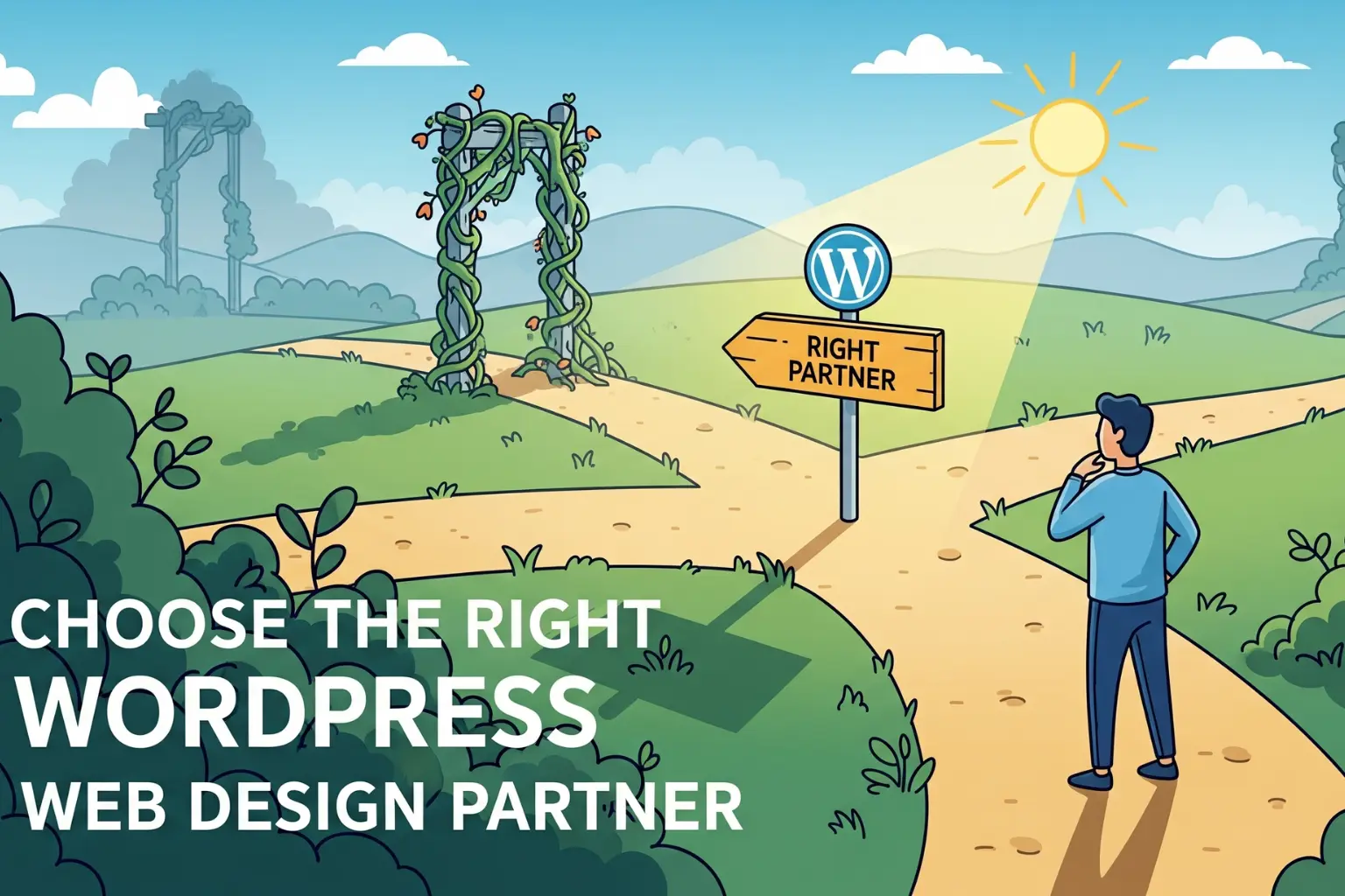 An illustration symbolizing the process of selecting the right WordPress web design partner, showing a clear, sunny path forward contrasted with confusing, foggy ones.