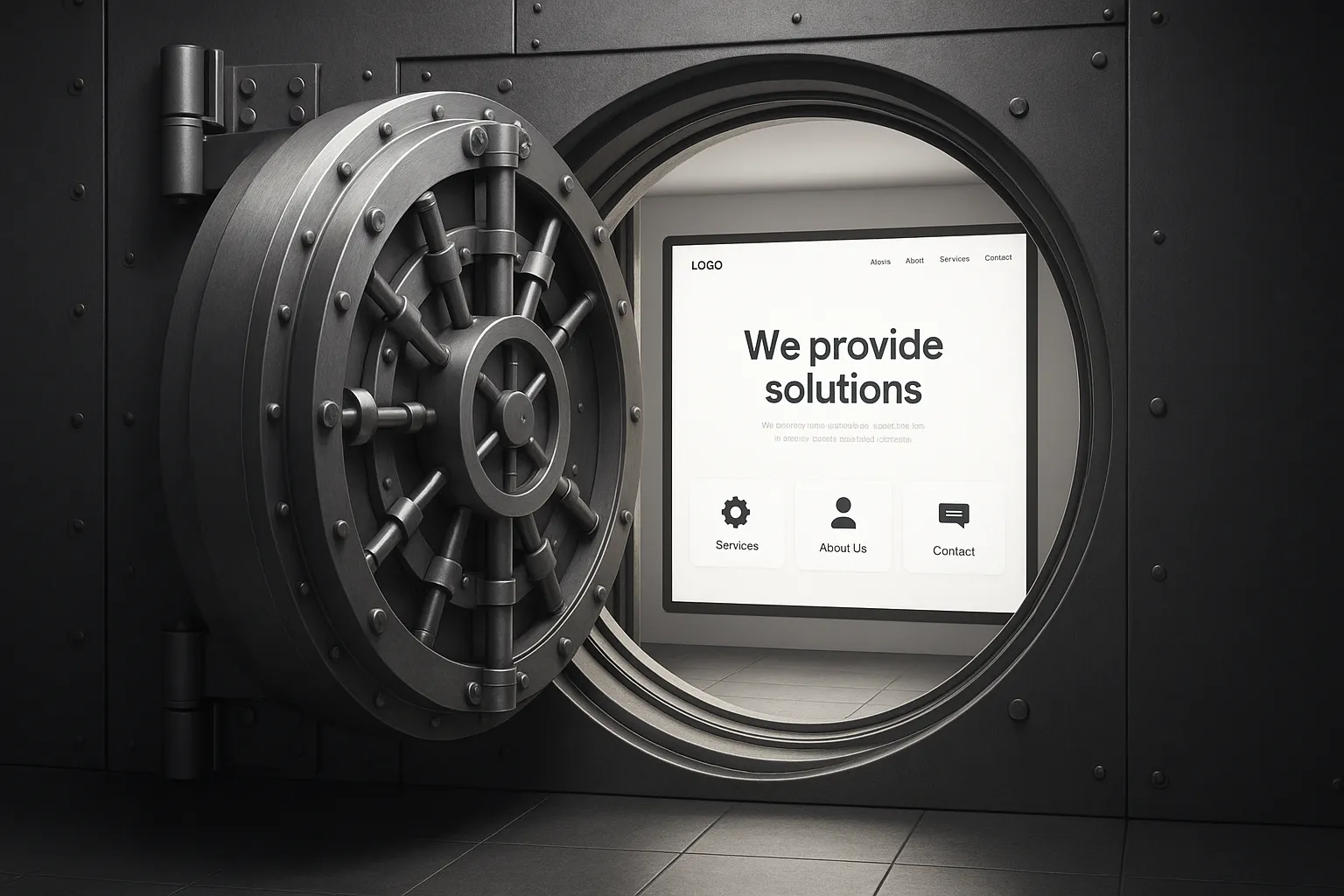 A bank vault opening to reveal a perfect website, representing the security and value a corporate website design agency provides.