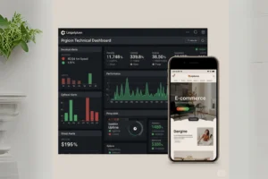 A technical dashboard showing website speed, uptime, and security alerts alongside a mobile phone displaying a perfectly responsive e-commerce business website.by sharmin akter sufia