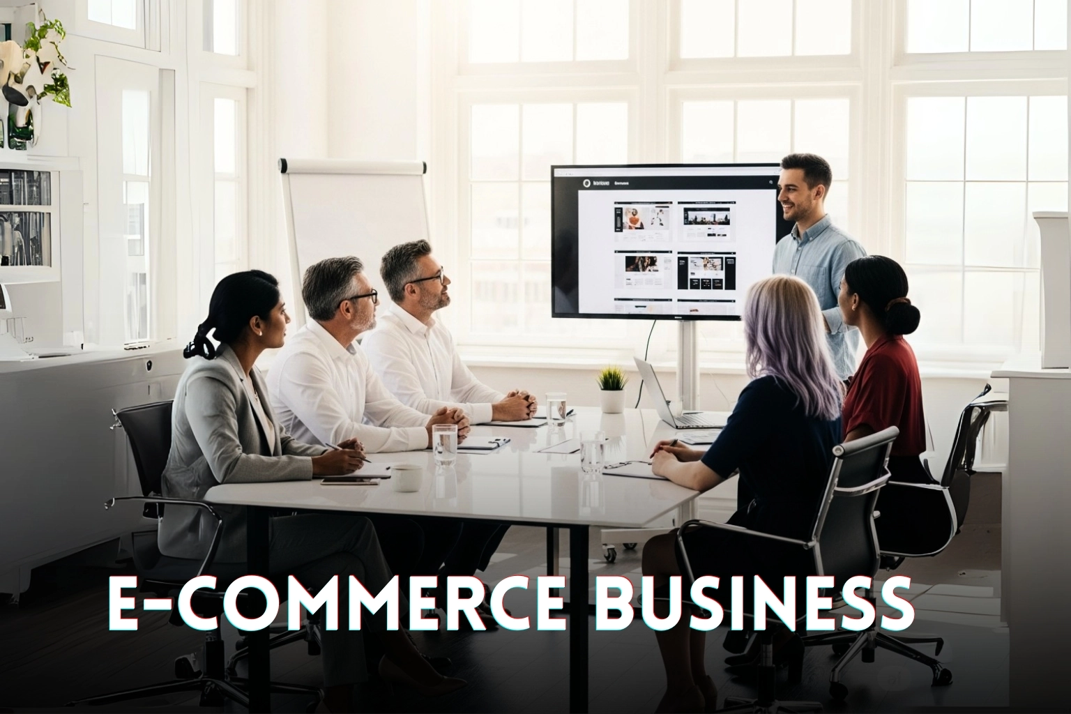 A diverse team interviewing a WordPress web designer, reviewing website mockups for their e-commerce business.by sharminsufia