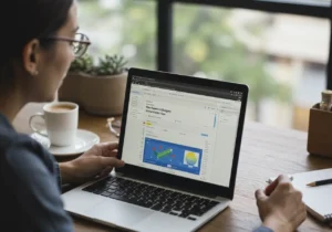 A person wearing glasses is looking at a laptop screen, which displays a design interface with charts and graphs. A cup of coffee is on the table next to the laptop