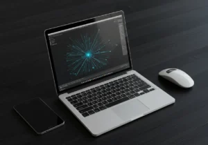 A laptop with its screen displaying a complex network of blue glowing lines and nodes, next to a smartphone and a white computer mouse on a dark wooden desk