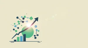 An abstract graphic showing a rising arrow, bar charts of increasing height, and interconnected nodes, set against a light beige background with lens flares