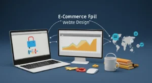 A laptop and monitor display e-commerce website design elements, including a security lock icon and data charts, with a world map and other digital icons in the background, representing global reach