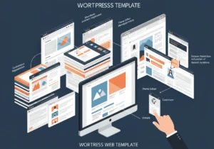 An isometric illustration showcasing various components of a WordPress template, including pages, a theme editor, customizer, and a hand interacting with a mobile template, highlighting the digital journey of website creation.