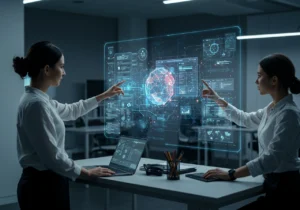 Two webpage designers collaborate, pointing at an interactive holographic display showing a glowing, intricate digital sphere surrounded by data, charts, and interface elements, symbolizing complex web architecture