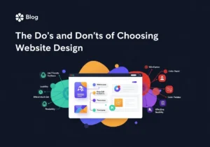 A central browser window displaying website design elements, surrounded by a diagram illustrating the "Do's" (user-centric aspects like usability and user-friendly interface) on the left in green/blue, and "Don'ts" (design pitfalls like cluttered wireframes and poor color choices) on the right in red/purple, all under the title "The Do's and Don'ts of Choosing Website Designs."