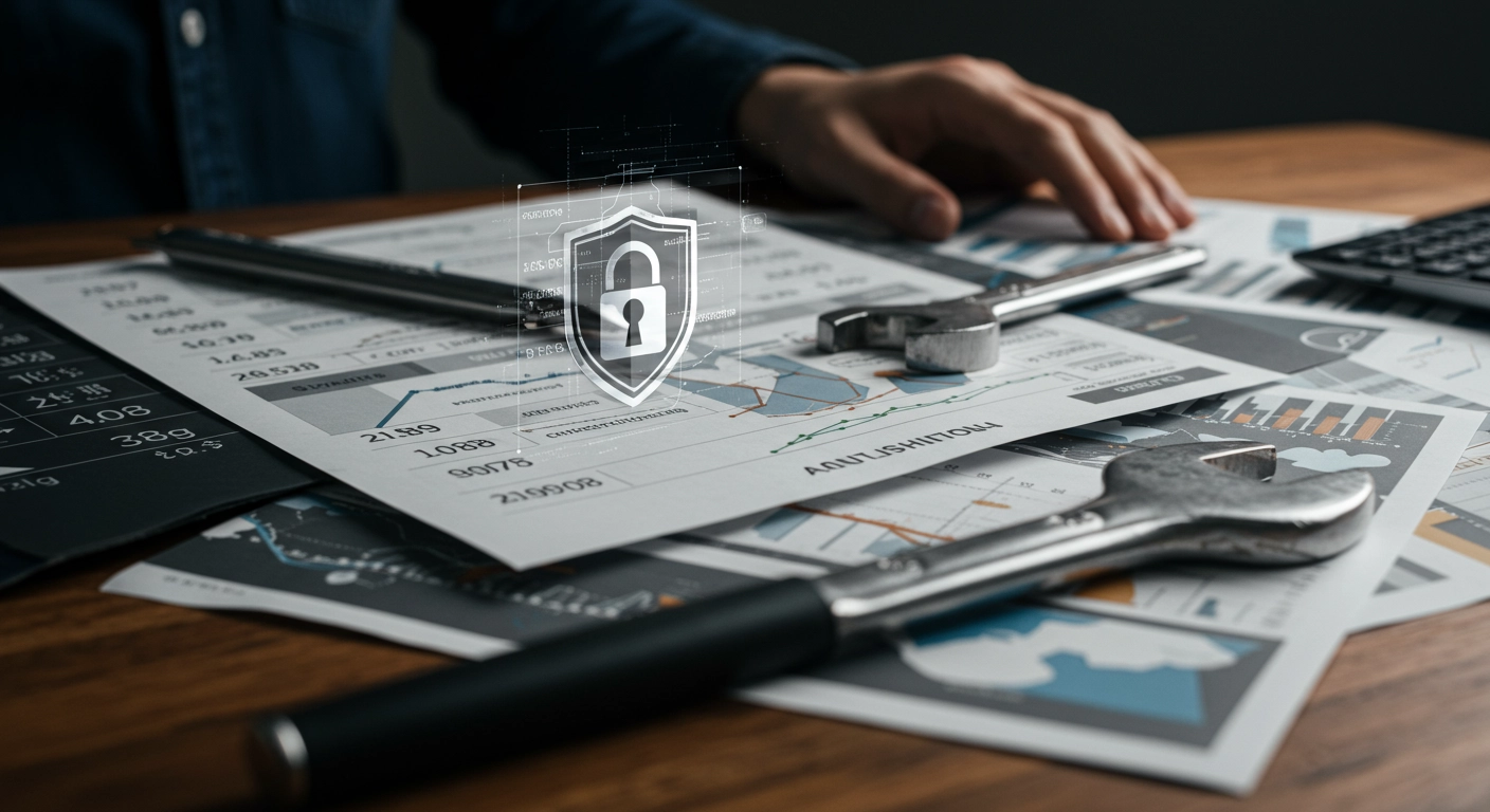 A person's hand resting on a desk covered with business documents, charts, and two wrenches. A glowing holographic shield with a padlock icon floats above the papers, symbolizing data security over financial or analytical work.