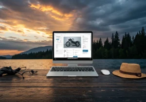 A desktop computer displaying an e-commerce website with a motorcycle for sale, set on a wooden deck overlooking a serene lake and forest at sunset, representing a connection between the digital world and personal freedom.