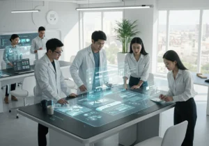 A group of professionals in a modern office, some wearing lab coats, collaborating around a large interactive holographic table displaying complex data, charts, and user interfaces, with other team members working at desks in the background.