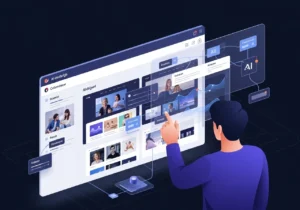  An illustration of a person from behind, interacting with a large, translucent digital screen displaying a website interface with AI-generated content suggestions, data visualizations, and user profiles, connected to an abstract AI processing unit.