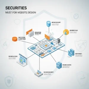  An isometric diagram illustrating various cybersecurity components and concepts within a shield outline. Labels like "ENCRYPTION ALGORITHMS," "INTRUSION DETECTION," "SECURE ACCESS," and "INEUVE SECURITY" are connected to visual representations of firewalls, data centers, and digital access points.