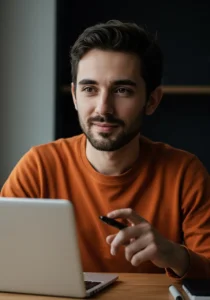 A young man with a beard, wearing an orange long-sleeve shirt, looking thoughtfully to his right while holding a stylus or pen near an open laptop