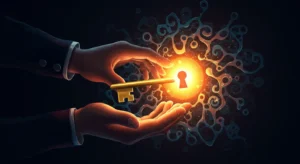 Two hands, one holding a golden key, reaching towards a glowing keyhole shape surrounded by intricate, flowing energy patterns on a dark background