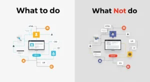A split image showing two network diagrams side-by-side. The left diagram, labeled "What to do," illustrates a well-organized web development process with interconnected elements like HTML, CSS, UX, and secure data flow. The right diagram, labeled "What Not do," depicts a disorganized or problematic web development process with disconnected or poorly integrated elements, highlighting potential issues.