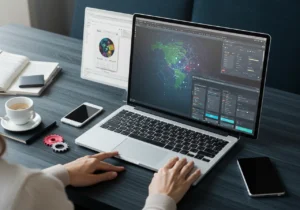 A person's hands typing on a laptop, which displays a complex network visualization on its screen. Behind it, a floating transparent monitor shows a pie chart and other data. A smartphone, tablet, coffee cup, and gears are also on the dark wooden desk.