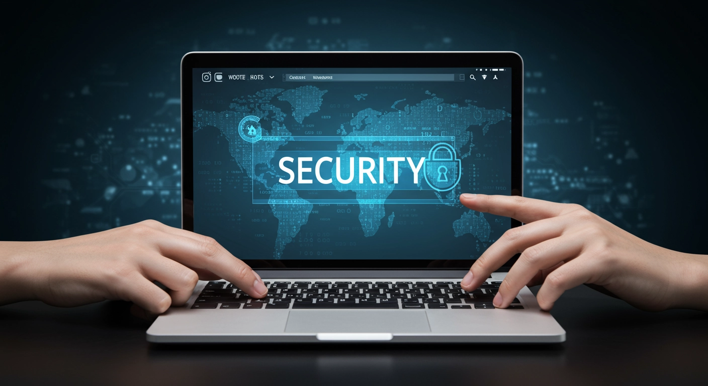 Two hands typing on a laptop keyboard. The laptop screen displays a world map overlayed with digital code and circuits, and the prominent word "SECURITY" next to a padlock icon, all against a dark blue technological background.