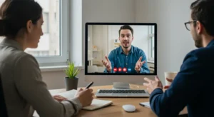 A business owner on a video call interview, part of the process of how to choose a WordPress web designer.