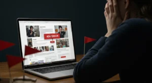 A frustrated user looking at a bad website, a warning for how to choose a WordPress web designer.