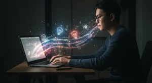A content creator using AI tools to generate blog posts and website copy on a laptop.