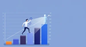 A person climbing a search engine rankings graph with the help of an AI guide.