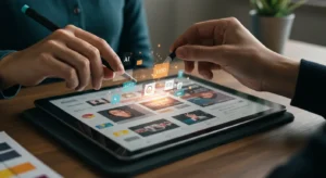 A tablet screen showing Canva's AI creating stunning graphics for a marketing campaign.