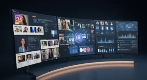 A central AI dashboard automatically managing and analyzing multiple social media accounts for a business.