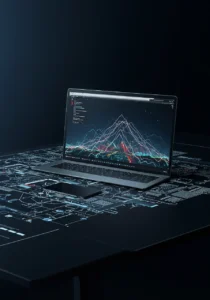 A laptop displaying a complex graph with multiple colored lines overlaid on a dark background, resting on a surface with intricate circuit-like patterns.