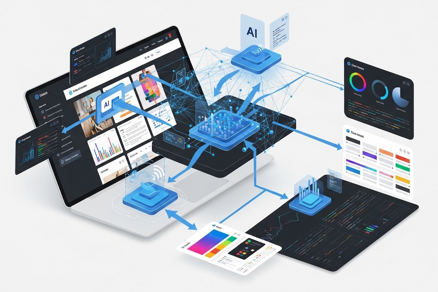 A dynamic illustration depicting a laptop as a central hub, connected via glowing blue lines to various digital components representing data processing, AI, design elements like color palettes and charts, and output displays, signifying a complex technological workflow.