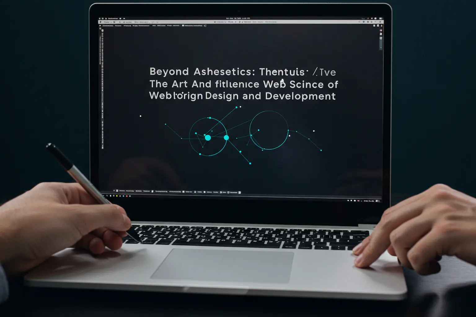 Hands using a laptop that displays a presentation slide titled "Beyond Aesthetics: The Art and Science of Web Design and Development" with abstract geometric lines.