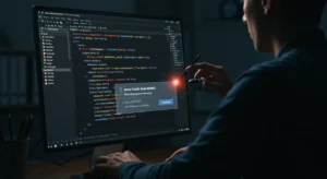 A developer from a web design company efficiently writing code with the help of an AI-powered code assistant suggesting improvements.