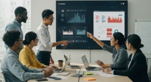 A human expert from a responsible web design company critically reviewing AI-generated data and analytics to ensure an ethical and strategic approach.