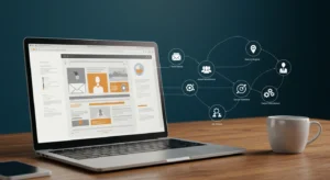A laptop displaying a website design on a wooden desk, with a visual flowchart extending from it, outlining steps like "Read More," "Social Marketing," "Search Engine," and "Design Finalization." A smartphone and coffee mug are also on the desk.