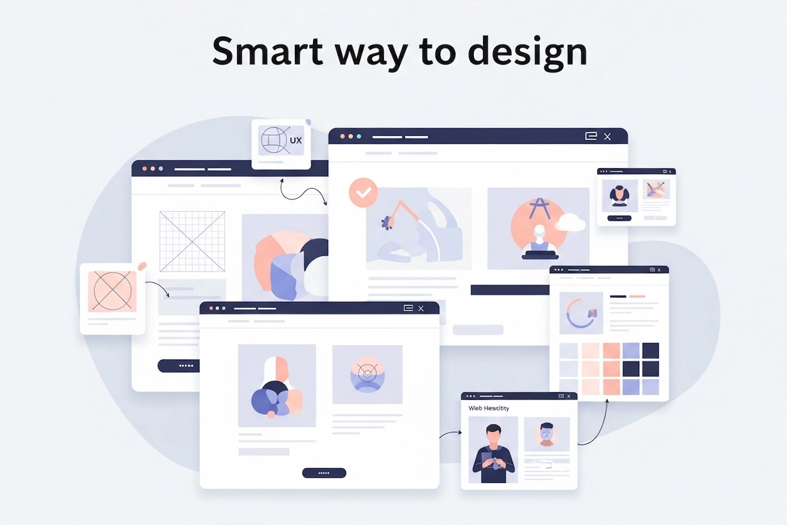 Several open browser windows displaying various stages of web design, from wireframes and UX elements to finished user interfaces with images and profiles.