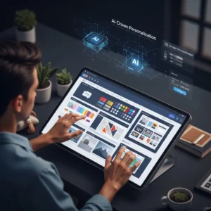 A person from behind interacting with a large tablet displaying a grid of colorful design elements, images, and user interface components. Above the tablet, glowing holographic elements indicate "AI-Driven Personalization" and abstract AI processor chips, suggesting artificial intelligence is at play.