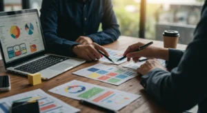 Two people sitting at a wooden table, reviewing website mockups and data charts. A laptop displaying pie charts and graphs is open on the table