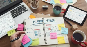 A desk with a notepad and sticky notes for planning a website's goals and features before hiring a web designer.