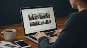 A person looking at a laptop screen, searching for and reviewing the portfolios of the best web designer candidates online.