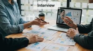 A client and a potential web designer in a productive meeting, discussing project mockups and details.