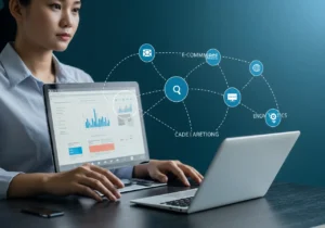 A webpage designer analyzing data on a laptop, with a second laptop displaying a network diagram of interconnected e-commerce and online marketing concepts
